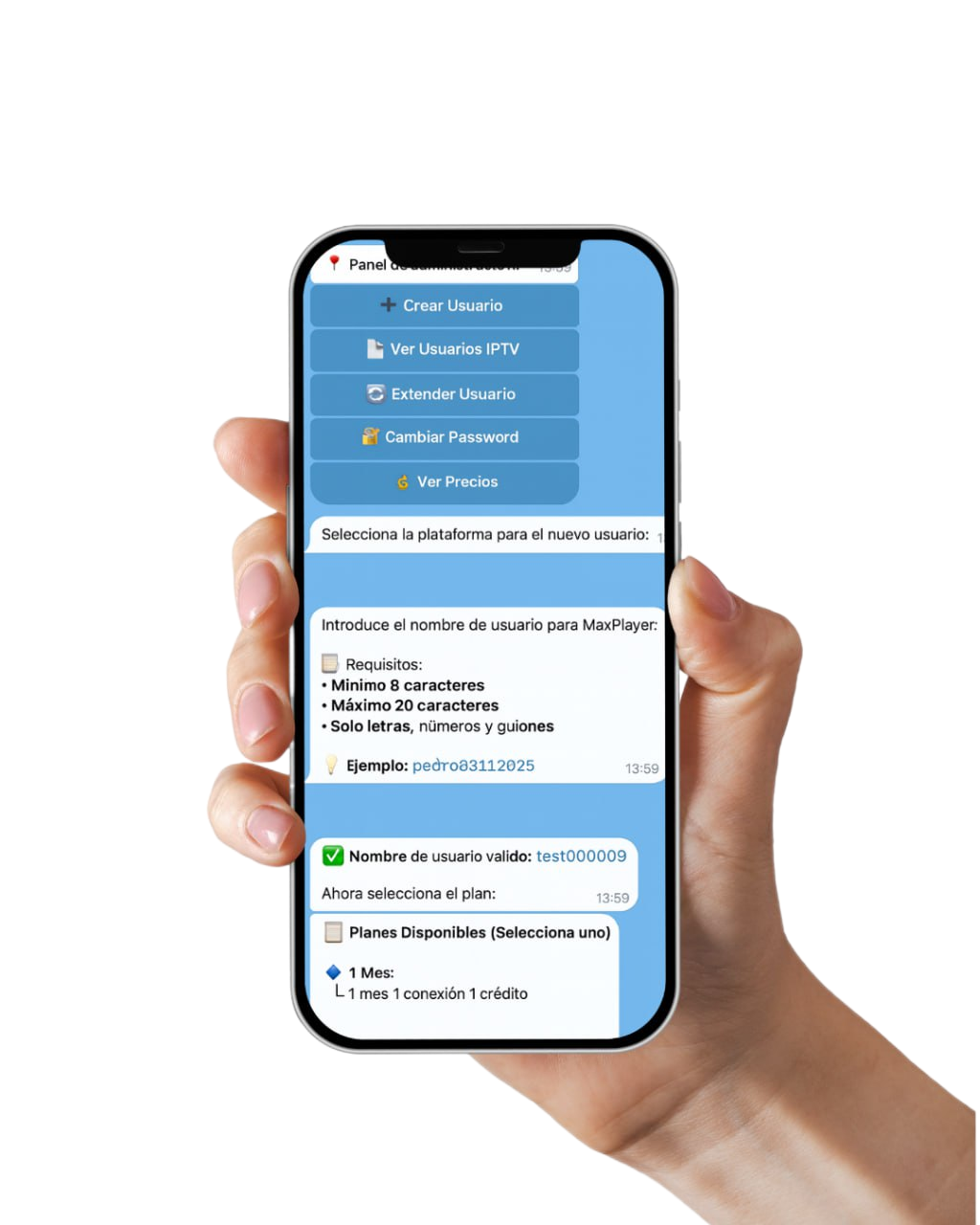 TVBOT Manager - Interface del bot de Telegram mostrando la creación de usuarios IPTV